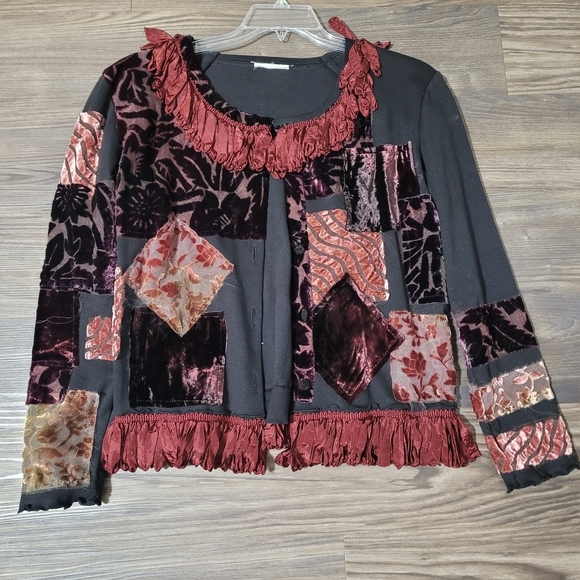 Jackets & Blazers - Vintage Laura Ashley Womens Size MP Devore Silk Patchwork Velvet Cardigan Fringe